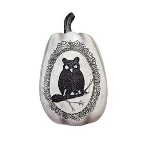 Handcrafted White Pumpkin With Glitter Owl Design